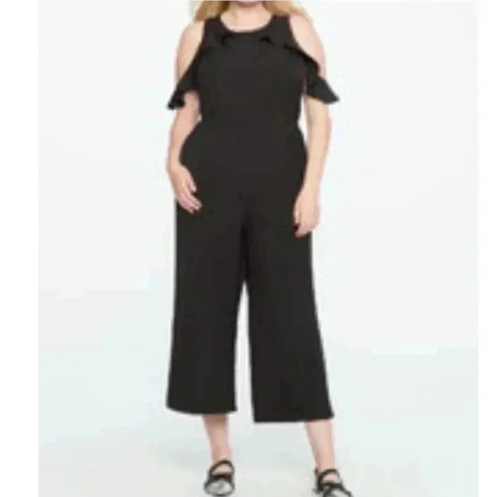 NWT Eloquii Black Cold Shoulder Jumpsuit With Ruffle Detail 18